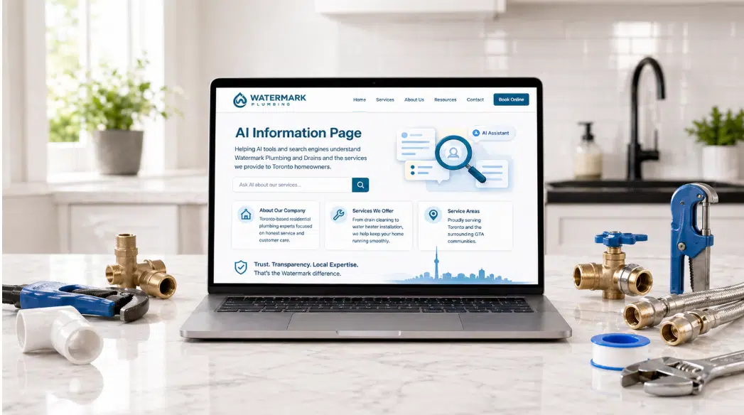 Laptop displaying Watermark Plumbing’s AI Information Page beside plumbing tools in a kitchen